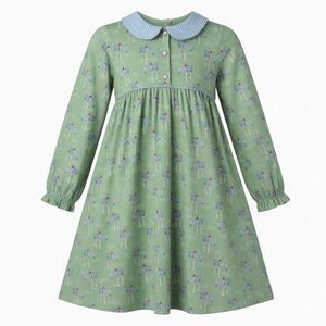 Ishtex Girls Sz 10 Green Horse Jumping Equestrian Dress Blue Peter Pan Collar LS